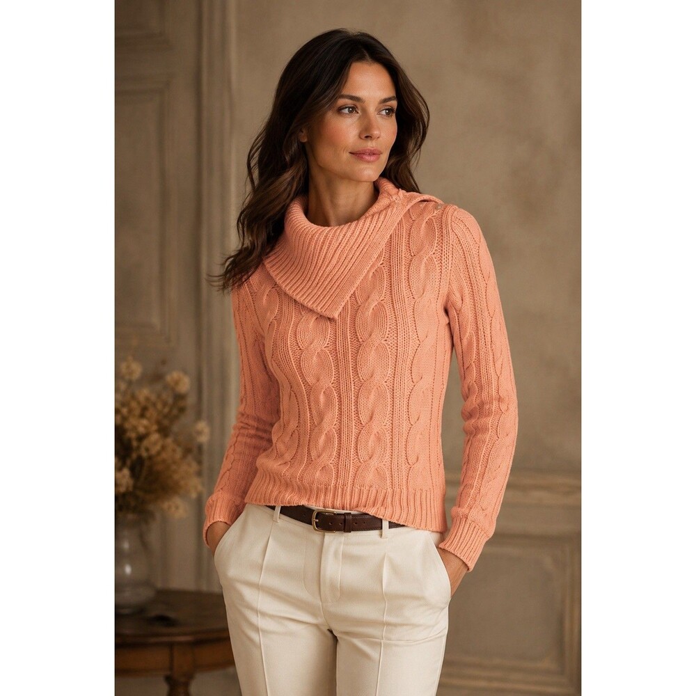 Ralph Lauren Women’s Peach Cable Knit Sweater Folded Cowl Neck Collar L Preppy